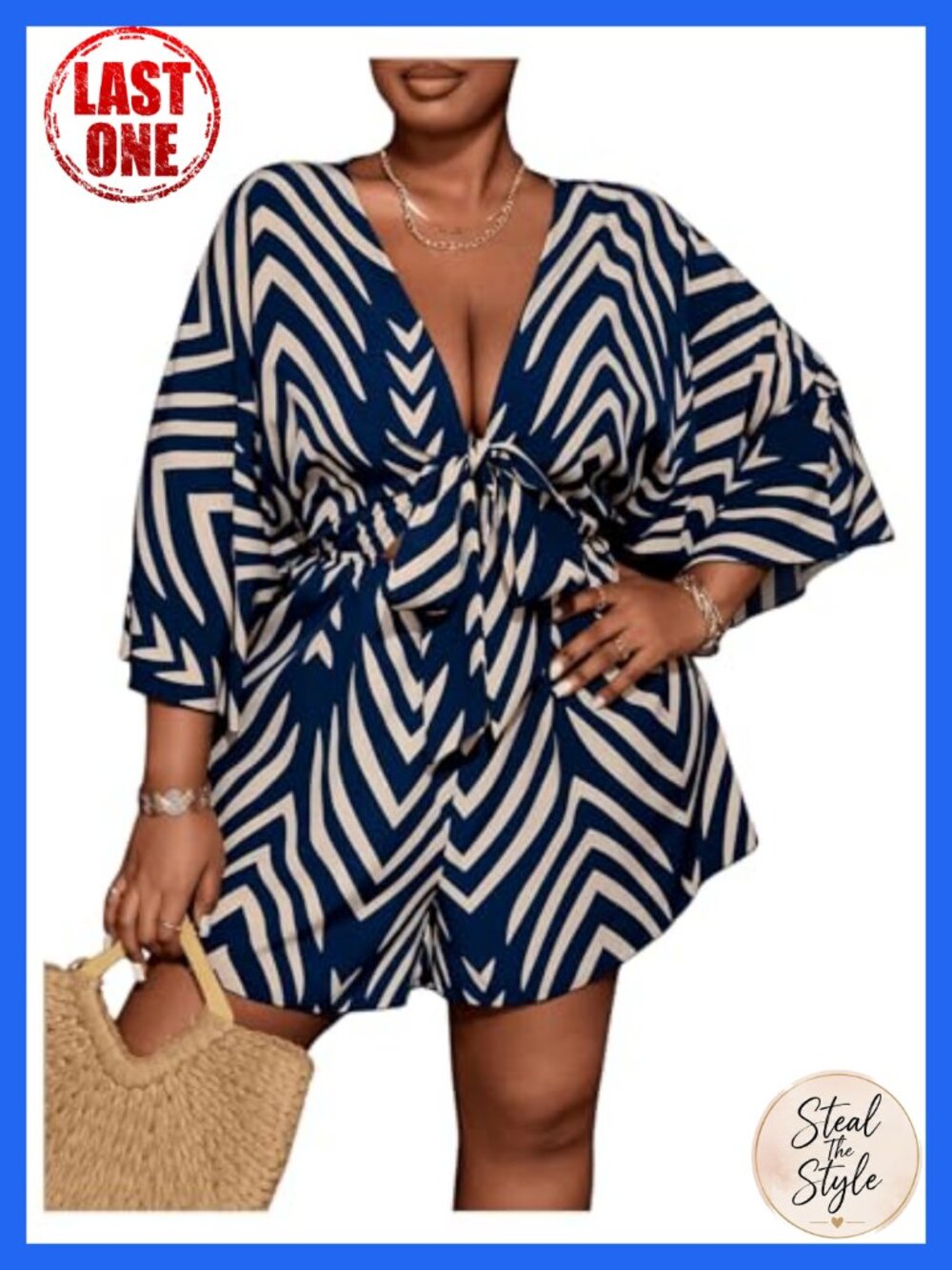 Plus Size Striped Tie Front Short Romper 3/4 Sleeve V-Neck Jumpsuit